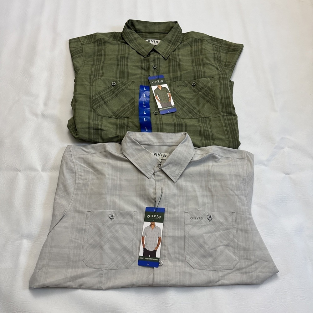 2x Orvis Men's UPF 30+ Quick Dry Short Sleeve Button‎ Tech Shirt - Green & Grey